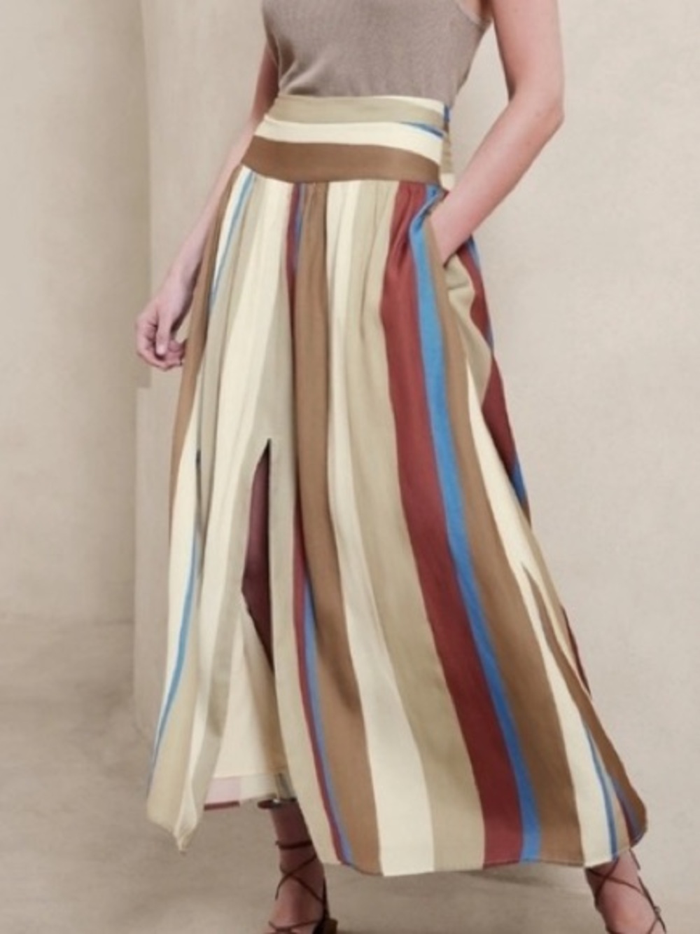 Banana Republic Vertical-Stripe Maxi Skirt in Cream, Tan & Blue